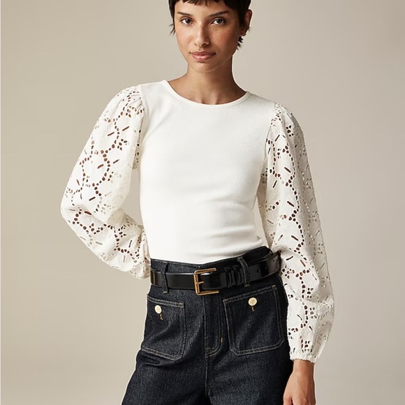 J. Crew Tops - J. Crew Vintage Rib Top With Cotton Poplin Eyelet Sleeves
